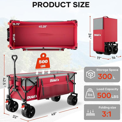 49" L Collapsible Extended Wagon with 500lbs Weight Capacity,300L Heavy Duty Sports Wagon,Big All-Terrian Wheels with Cup Holders,Cart for Sports,Grocery,Shopping,(Rosepink)