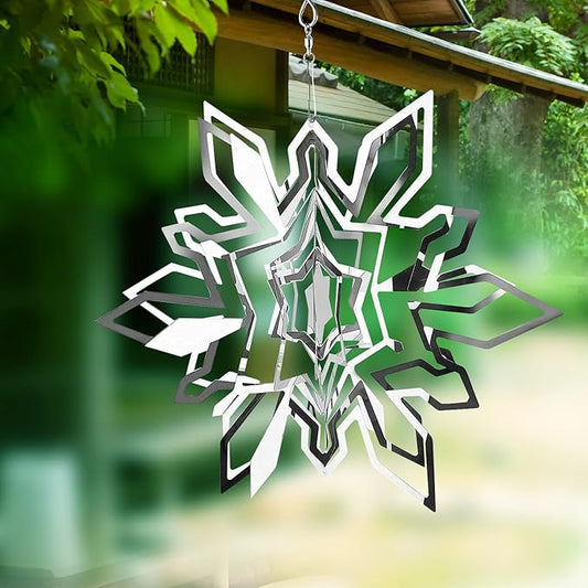 Hanging Wind Spinner Outdoor Metal Decorations, Silver Wind Spinners for Yard and Garden, 3D Mirror Stainless Steel Wind Sculptur Chime Indoor Outdoor Garden Decoration Worth Gift (Snowflake)