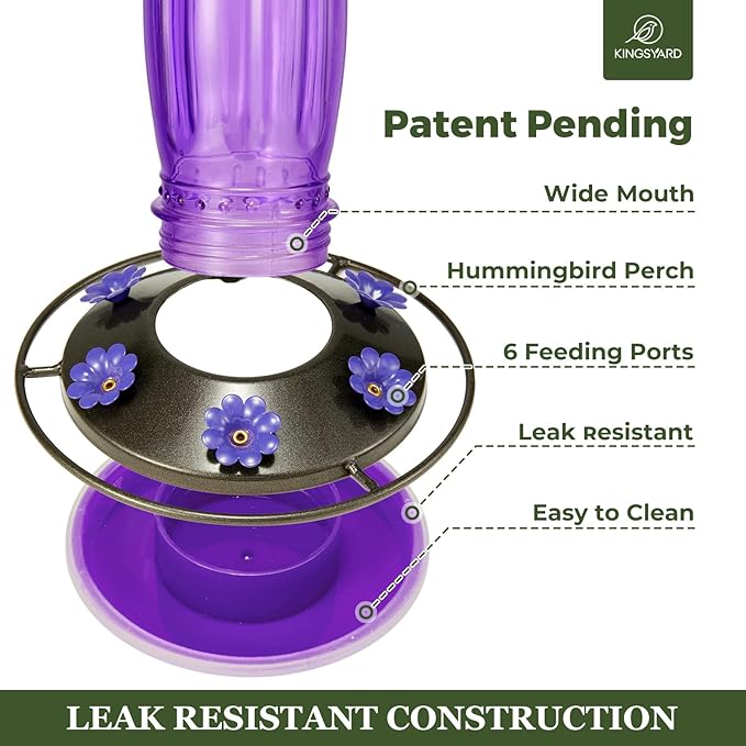 Kingsyard Glass Hummingbird Feeder for Outdoors Wild Bird Feeder with 6 Feeding Ports Hanging for Garden Yard, Purple (Ant Moat Included)