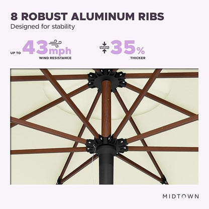 Midtown Umbrellas The Wooden 9 Feet Patio Umbrella With Sunbrella Canvas Natural Acrylic Fabric - Aluminum Frame Market Umbrella For Backyard, Deck, Garden, Pool - Wooden Pole
