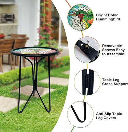 HONGLAND Outdoor Side Table, Small Mosaic Patio Table, 12" Round Metal Side Table End Table, Glass Plant Stand, Small Bistro Coffee Table Plant Stand for Garden Yard Porch Living Room（Hummingbird）
