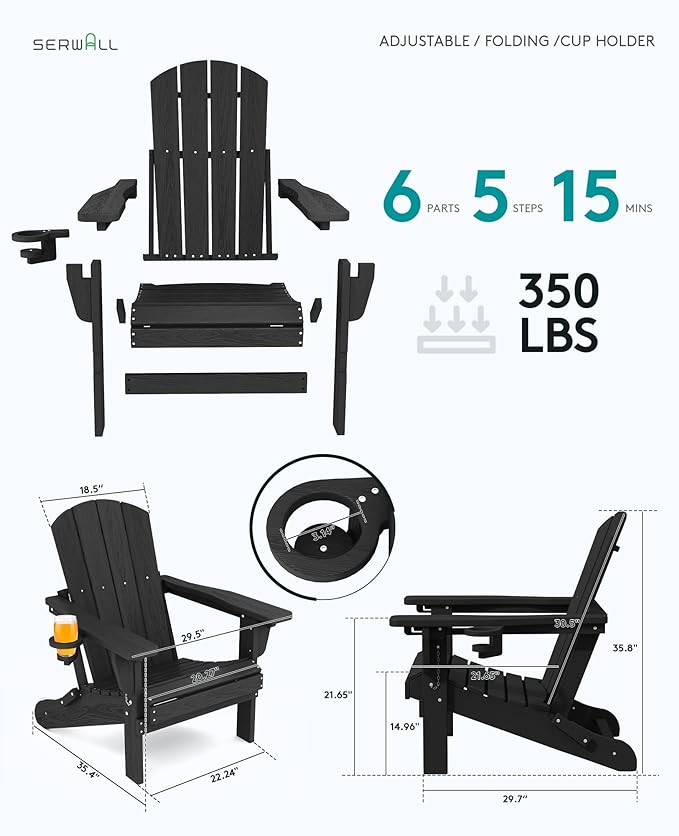 SERWALL Folding Adirondack Chair Set of 8, Adjustable Adirondack Chair with 3 Recline Positions, All Weather HDPE Outdoor Adirondack with Cup Holders, Black