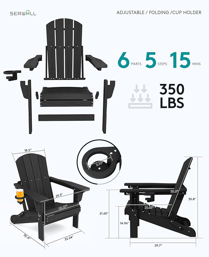 SERWALL Folding Adirondack Chair, Adirondack Outdoor Chair with Cup Holder, Adjustable Adirondack Chair with 3 Recline Positions, All Weather HDPE Outdoor Adirondack, Black