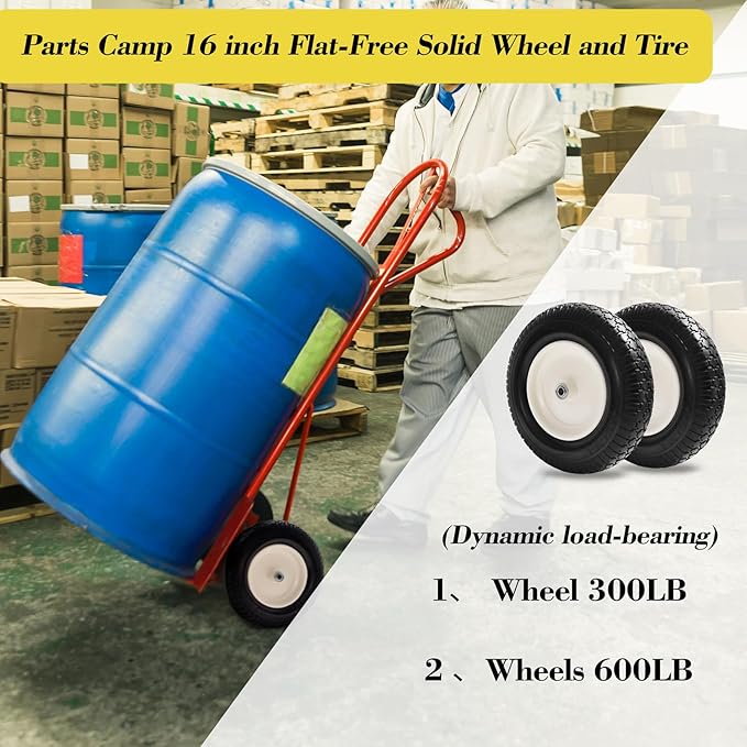 Parts Camp 4.80/4.00-8" Flat Free Wheelbarrow Tire and Wheel - 16" Universal Fit for Garden Wagon, Cart, Trolley, Dolly - 5/8" & 3/4" Bearings, 3" Centered Hub (2 Pack)