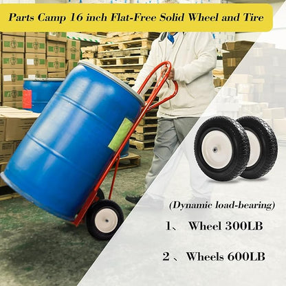 Parts Camp 4.80/4.00-8" Flat Free Wheelbarrow Tire and Wheel - 16" Universal Fit for Garden Wagon, Cart, Trolley, Dolly - 5/8" & 3/4" Bearings, 3" Centered Hub (2 Pack)