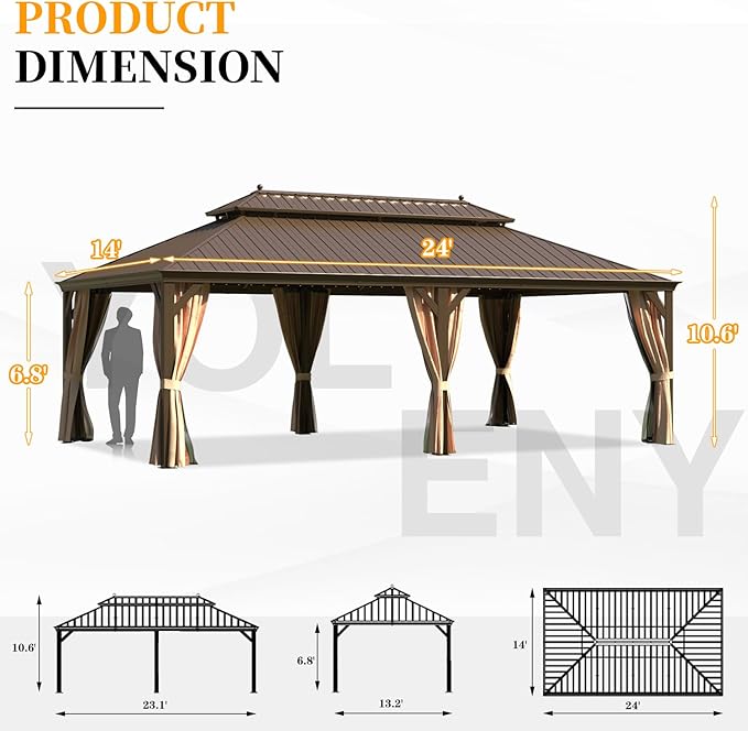 YOLENY 14'x24' Hardtop Gazebo,Galvanized Steel Double Roof Gazebos with Aluminum Frame, Permanent Metal Pavilion with Netting and Curtains for Patio Backyard Deck and Lawns