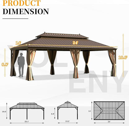YOLENY 14'x24' Hardtop Gazebo,Galvanized Steel Double Roof Gazebos with Aluminum Frame, Permanent Metal Pavilion with Netting and Curtains for Patio Backyard Deck and Lawns