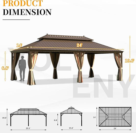 YOLENY 14'x24' Hardtop Gazebo,Galvanized Steel Double Roof Gazebos with Aluminum Frame, Permanent Metal Pavilion with Netting and Curtains for Patio Backyard Deck and Lawns