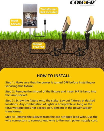 COLOER Die-cast Brass Landscape Spot Lights Outdoor with 5W Aluminum Housing LED MR16 Bulb 2700K 450LM, 12V AC/DC Low Voltage LED Landscape Lighting, Outdoor Directional Up Light(103B, 1-Pack)