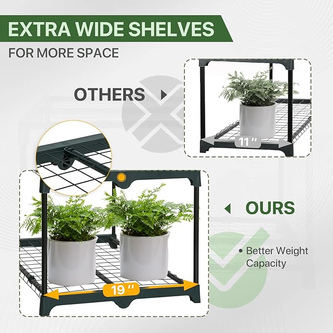 EAGLE PEAK Greenhouse Shelving Staging Double 2 Tier, Outdoor/Indoor Plant Shelves, 27"x19"x16", Green