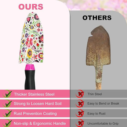 Housolution Gardening Tools Set, 10 PCS Stainless Steel Heavy-Duty with Non-slip Soft Rubber Handle with Large Garden Bag, Floral Pattern Gardening Tool Set Gifts for Women Birthday Mother's Day, Pink