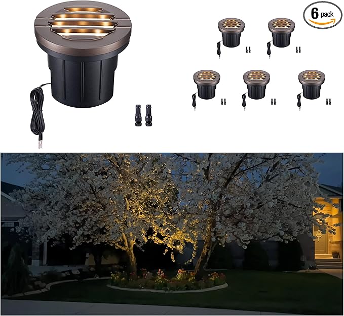Landscape Well Light, LED Low Voltage In Ground Lights, IP67 Waterproof 12V Outdoor, Grill Top 6W 350LM Aluminum ORB for Sidewalk Driveway 6 Pack