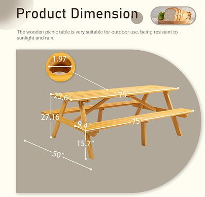 Picnic Table with Bench for 8 Person Outdoor Wooden Rectangle Table for Patio Garden Backyard Large Outside Dining Table Set with Umbrella Hole 6.25FT