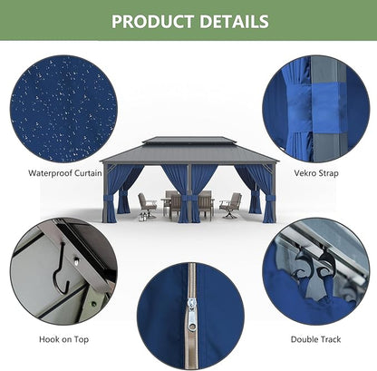 12' x 20' Hardtop Gazebo,Outdoor Galvanized Steel Metal Double Roof Gazebo with Curtains and Netting for Patios, Gardens, Lawns,Navy Blue
