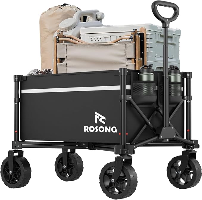 Collapsible Wagon Cart with Wheels Foldable - Folding Utility Heavy Duty Wagons Carts for Grocery Sports Garden Shopping Camping Wheelbarrows (Black, 90L)