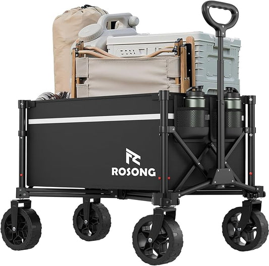Collapsible Wagon Cart with Wheels Foldable - Folding Utility Heavy Duty Wagons Carts for Grocery Sports Garden Shopping Camping Wheelbarrows (Black, 90L)