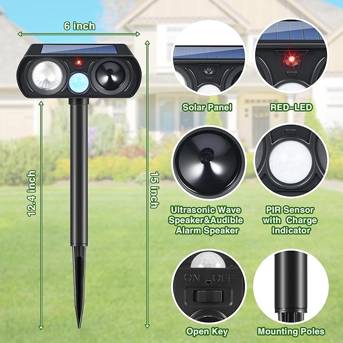 2Pack Solar Deer Repellent Device Ultrasonic Repellent Outdoor Solar Animal Repeller with LED Strober Light&Motion Sensor,2025 Cat Deterrent Outdoor to Scare Squirrel Raccoon Skunk Rabbit