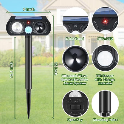 2Pack Solar Deer Repellent Device Ultrasonic Repellent Outdoor Solar Animal Repeller with LED Strober Light&Motion Sensor,2025 Cat Deterrent Outdoor to Scare Squirrel Raccoon Skunk Rabbit