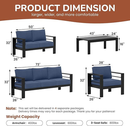 Solaste Aluminum Patio Furniture Set with Fire Pit Table, 5 Piece Metal Outdoor Furniture with Water-Resistant Cushions, Modern Patio Conversation Set for Balcony, Front Porch, and Backyard, Blue
