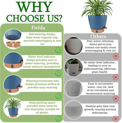 2 Pack 8 inch Plant Pots, Plastic Self Watering Planters with Drainage Holes, Deep Reservoir, Water Level Indicator, Modern Decorative Flower Pots for Indoor Outdoor Plants (Navy Blue, 8 inch)
