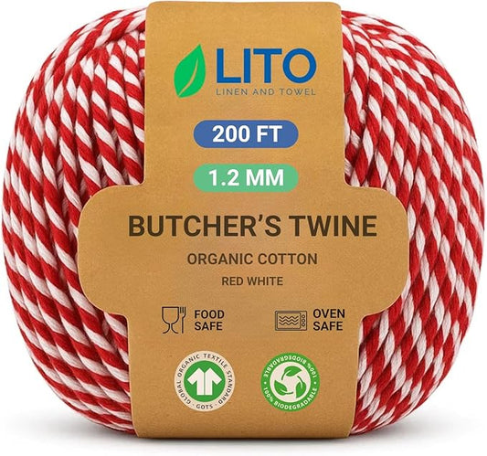 Red and White Organic Twine Cotton String - 200 Feet Wrapping, Baking, Butcher, Crafts, DIY Projects, Easter, Christmas
