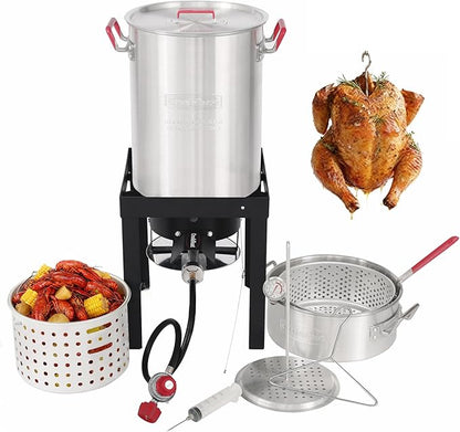 CreoleFeast TFS3010 Propane 30 Qt. Turkey and 10 Qt. Fish Fryer Boiler Steamer Set, 50,000 BTU Burner, Ideal for Outdoor Cooking
