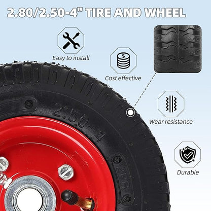 AR-PRO (2-Pack) 2.80/2.50-4" Tire and Wheel Set - 8 Inch Wheelbarrow Tire and Wheel Replacement with 3/4" Bearings and 3" Centered Hub - Extra Adapter kit includes 1/2" Bearings