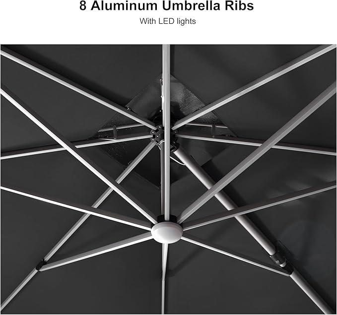 PURPLE LEAF 9' X 12' Solar Powered LED Rectangle Cantilever Umbrella With Base Patio Umbrellas Windproof Hanging Umbrella Outdoor Umbrellas, Grey