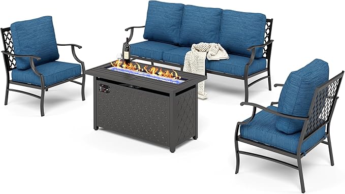 HERA'S HOUSE 4 Pieces Patio Fire Pit Furniture Set, 2 x Single Chair, 3-Seat Sofa with 45" Fire Pit Table, Outdoor Conversation Set for Garden Poolside Backyard, Pacific Blue