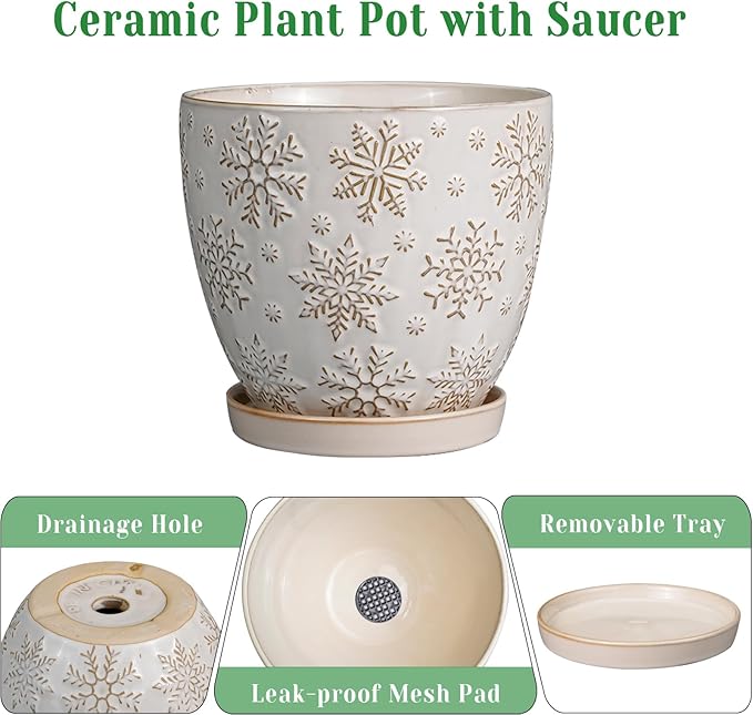 6.9 Inch Plant Pot with Drainage Hole and Saucer Ceramic Planter for Indoor Plant Flower Pot for Orchid Succulents Plants White