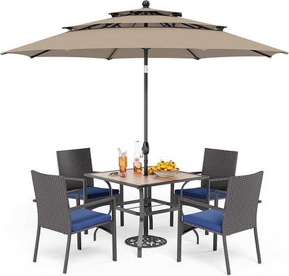 PHI VILLA 5 Piece Outdoor Dining Set with Umbrella for 4, 37" Square Metal Wood-top Dining Table & Wicker Rattan Chairs with Cushions & 10ft Beige Umbrella for Patio, Deck, Backyard, Porch