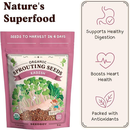 Seedboy Organic Non-GMO Radish Seeds for Sprouting - USA Grown Microgreens Sprouting Seeds - 8 oz Bag Makes 8 Quarts / 24 Servings (Daikon Radish)