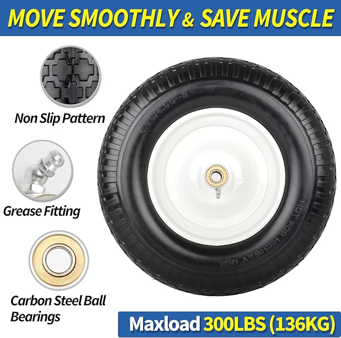 4.80/4.00-8" Flat-Free Tire and Wheel 16" Solid Wheelbarrow Tire, 6" Centered Hub, 5/8" Axle Bore Hole for Wheel Barrow Garden Utility Cart Replacement