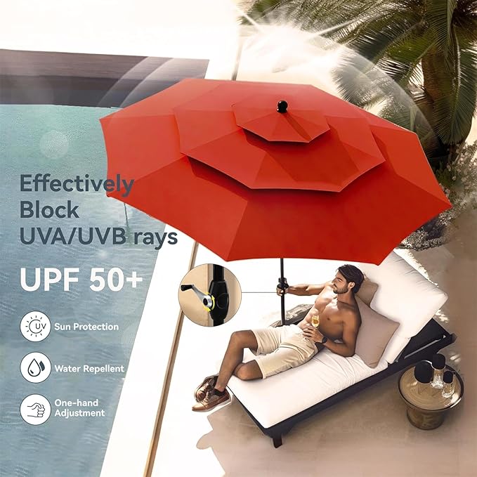 PHI VILLA 5 Piece Outdoor Dining Set with Umbrella for 4, 37" Square Metal Wood-top Table & Wicker Rattan Chairs with Cushions & 10ft Red Umbrella, Dining Furniture for Patio, Deck, Backyard, Porch