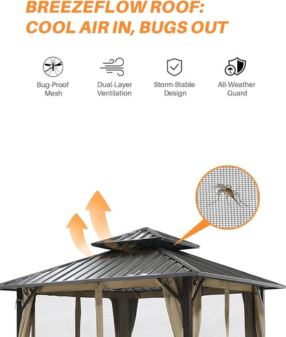 10' x 10' Hardtop Gazebo, Aluminum Frame Outdoor Patio Gazebos with Netting and Curtains, Outdoor Gazebo Canopy, Patio Pergola with Double Steel Roofs for Backyard, Patio, Deck, Sandstone