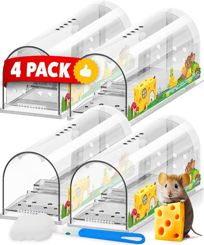 Motel Mouse Humane Mouse Traps No Kill Live Catch and Release 4 Pack - Reusable, Easy to Use & Clean, No Touch Release, Sensitive Includes Cleaning Brush, Instruction Manual & Video - Mousetrap Indoor
