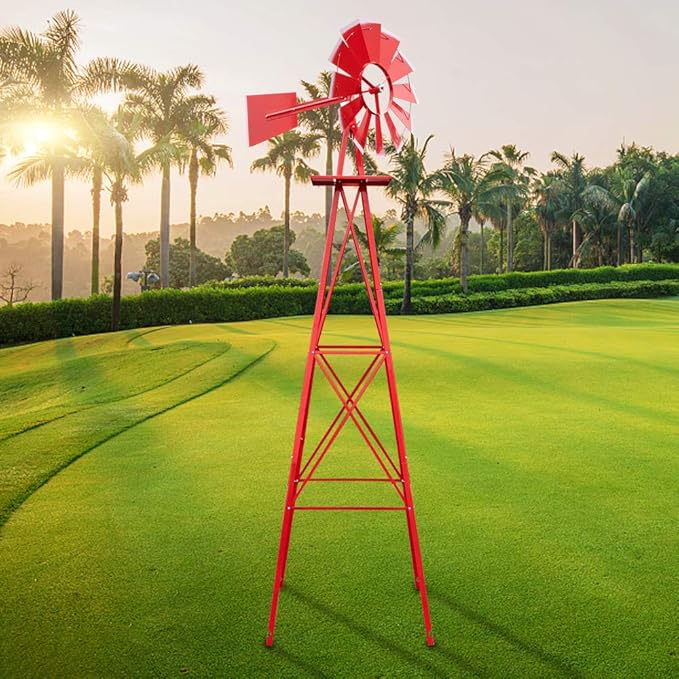 Garden Windmill for Yard Decor, 8 ft Tall Metal Windmill with Spinning Blades, Weather-Resistant Outdoor Windmill for Lawn, Farmhouse, Rustic & Farm Decor, Red