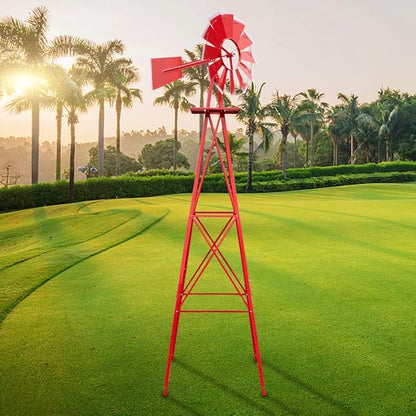 Garden Windmill for Yard Decor, 8 ft Tall Metal Windmill with Spinning Blades, Weather-Resistant Outdoor Windmill for Lawn, Farmhouse, Rustic & Farm Decor, Red