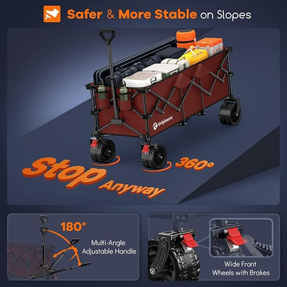 48" L Collapsible Wagon Cart Foldable, 560lbs Weight Capacity 300L Heavy Duty Folding Beach Wagons with Big All-Terrain Wheels, Utility Carts for Groceries, Shopping, Camping, Sports - Red