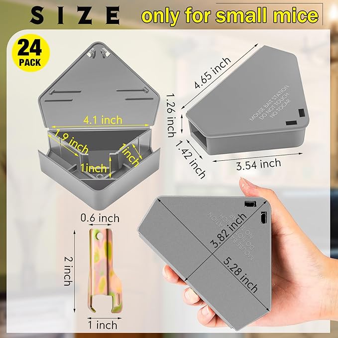 Qualirey 24 Pcs Mice Station with Key Triangle Bait Station Reusable Rodent Trap Bait Box, Keeps Children and Pets Safe Indoor & Outdoor, Bait Not Included, Suitable for Small Mice (Gray)
