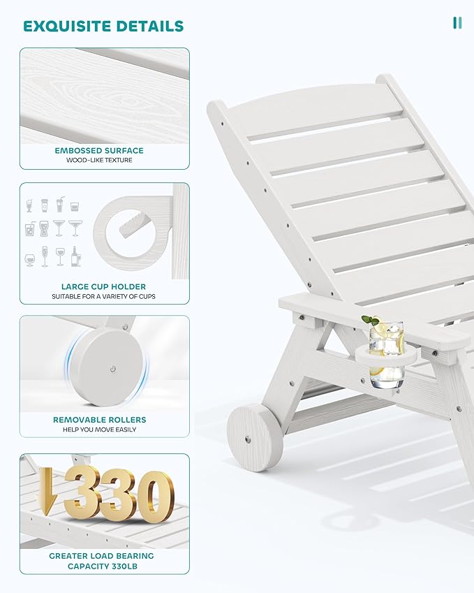 SERWALL Patio Chaise Lounge Chair Set of 4, 5 Positions Adjustable Poly Outdoor Lounge Chair for Pool, HDPE Lounge Chair with Rolling Wheels & Cup Holder for Poolside, Deck, White