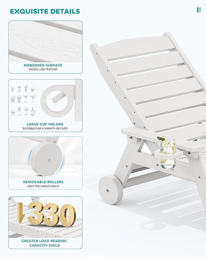 SERWALL Patio Chaise Lounge Chair Set of 6, 5 Positions Adjustable Poly Outdoor Lounge Chair for Pool, HDPE Lounge Chair with Rolling Wheels & Cup Holder for Poolside, Deck, White
