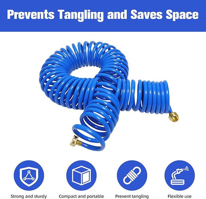 Coil Hose,3/8" EVA Coil Garden Hose 50 FT,Curly Water Hose Lightweight with Brass Connectors,Recoil Garden Hose Includes 8-Pattern Spray Nozzle for Boat, Yard, Patio, Green