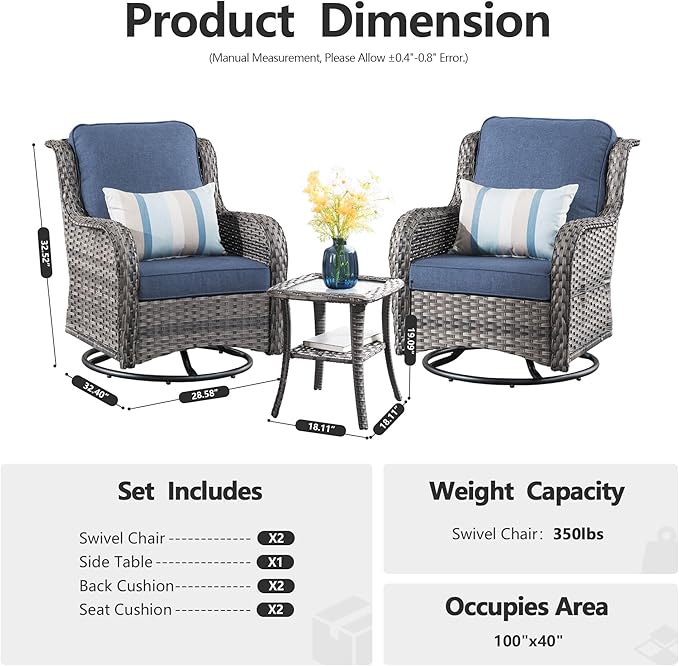 HOOOWOOO Patio Furniture Set,3 Piece Outdoor Furniture with Swivel Chairs,Wicker Patio Bistro Chairs Set,Denim Blue