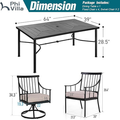 PHI VILLA 7 Pieces Outdoor Dining Set for 6, 64" Metal Steel Dining Table with Umbrella Hole & Cushioned Iron Swivel Chairs for Patio, Yard, Porch, Deck