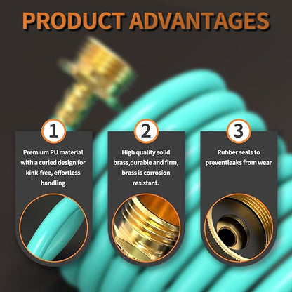 GASHER 10FT PU Recoil Garden Water Hose with 3/4"Inch Brass Fittings Retractable, Swivel Female for Boating, Pool & Spa, RV, Home and Garden（Blue)