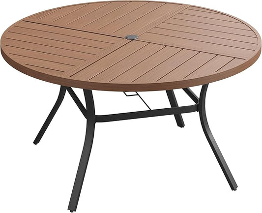 DIFY 59.8" Round Outdoor Patio Dining Table for 8-10, All-Weather Metal Steel Slatted Patio Table with 1.57" Adjustable Umbrella Hole, for Lawn Garden Porch Backyard, Walnut