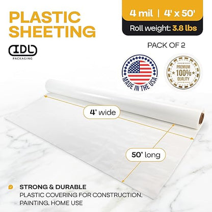 Plastic Sheeting 4 mil, 4' x 50' (200 sq.ft.), Pack of 2 - Thick Semi-Clear Plastic Sheeting for Construction, Painting, Drop Cloth, Slide&Slip - Heavy Duty LDPE Film Roll by IDL Packaging