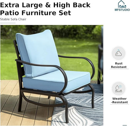 MFSTUDIO 4 Pieces Patio Conversation Sets(5 Seat),Outdoor Metal Furniture Sofas with 1 Loveseat(3 Seat), 2 Single Chairs,1 Coffee Table,Wrought Iron with Blue Cushion for Patio Courtyard Balcony