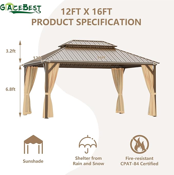 12x16 ft Hardtop Gazebo Outdoor Aluminum Patio Gazebo Double Roof Galvanized Steel Canopy with Netting and Curtains for Garden, Backyard, Deck and Lawns.